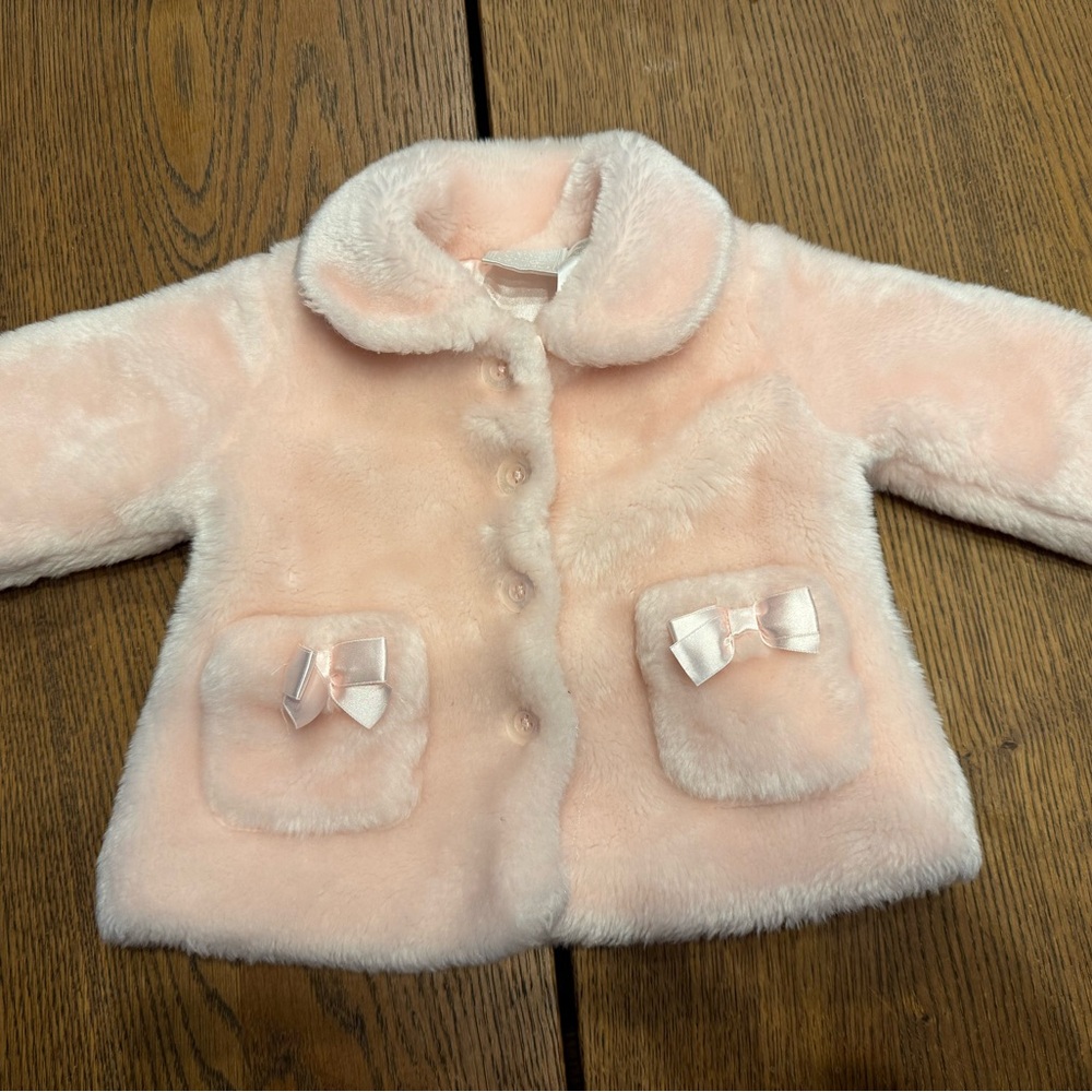 Girls' Plush Pink Faux-Fur Jacket with Bow Pockets